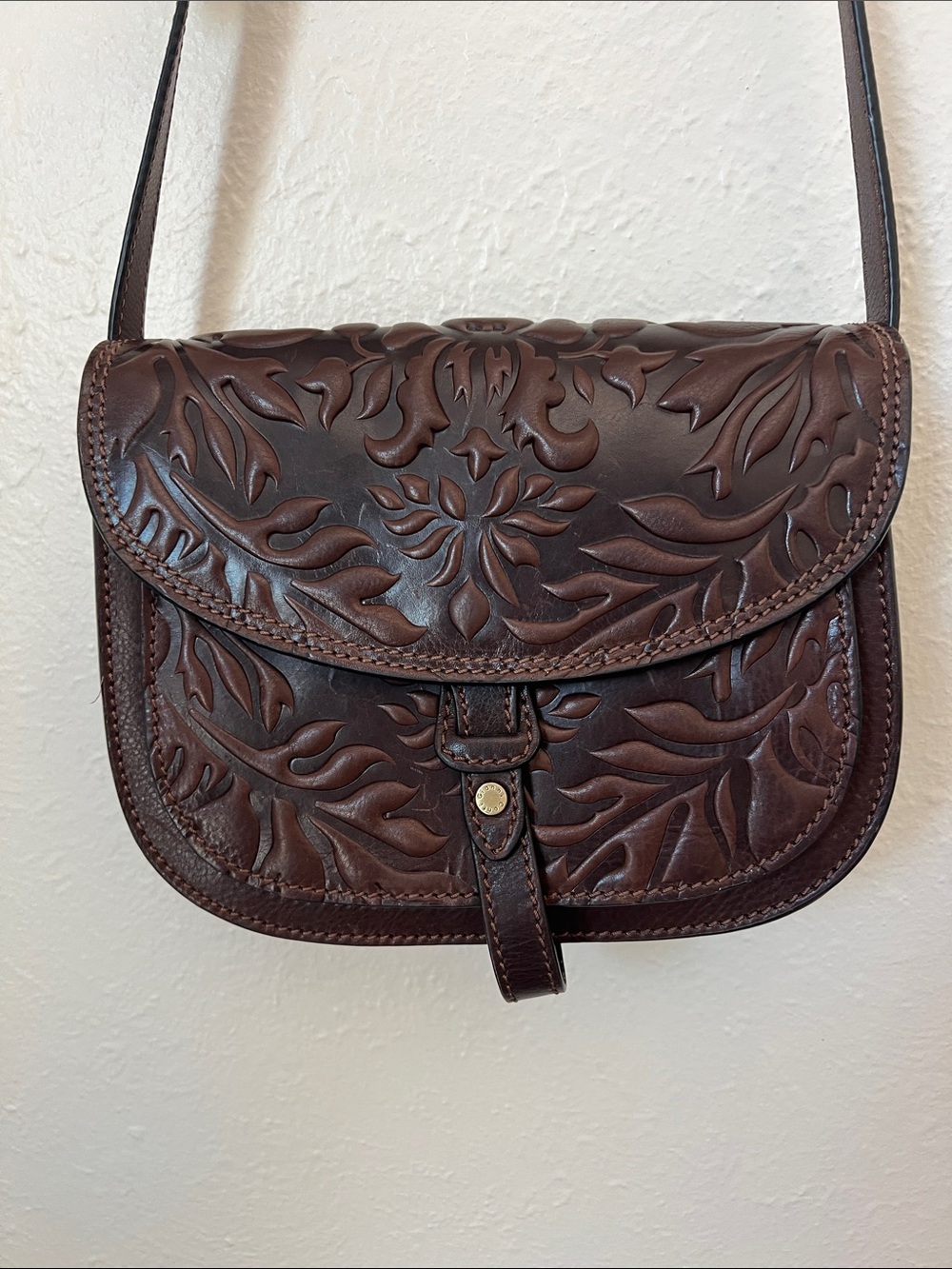 Embossed Floral Leather Crossbody Bag - Brown Genuine Leather Purse Western Boho